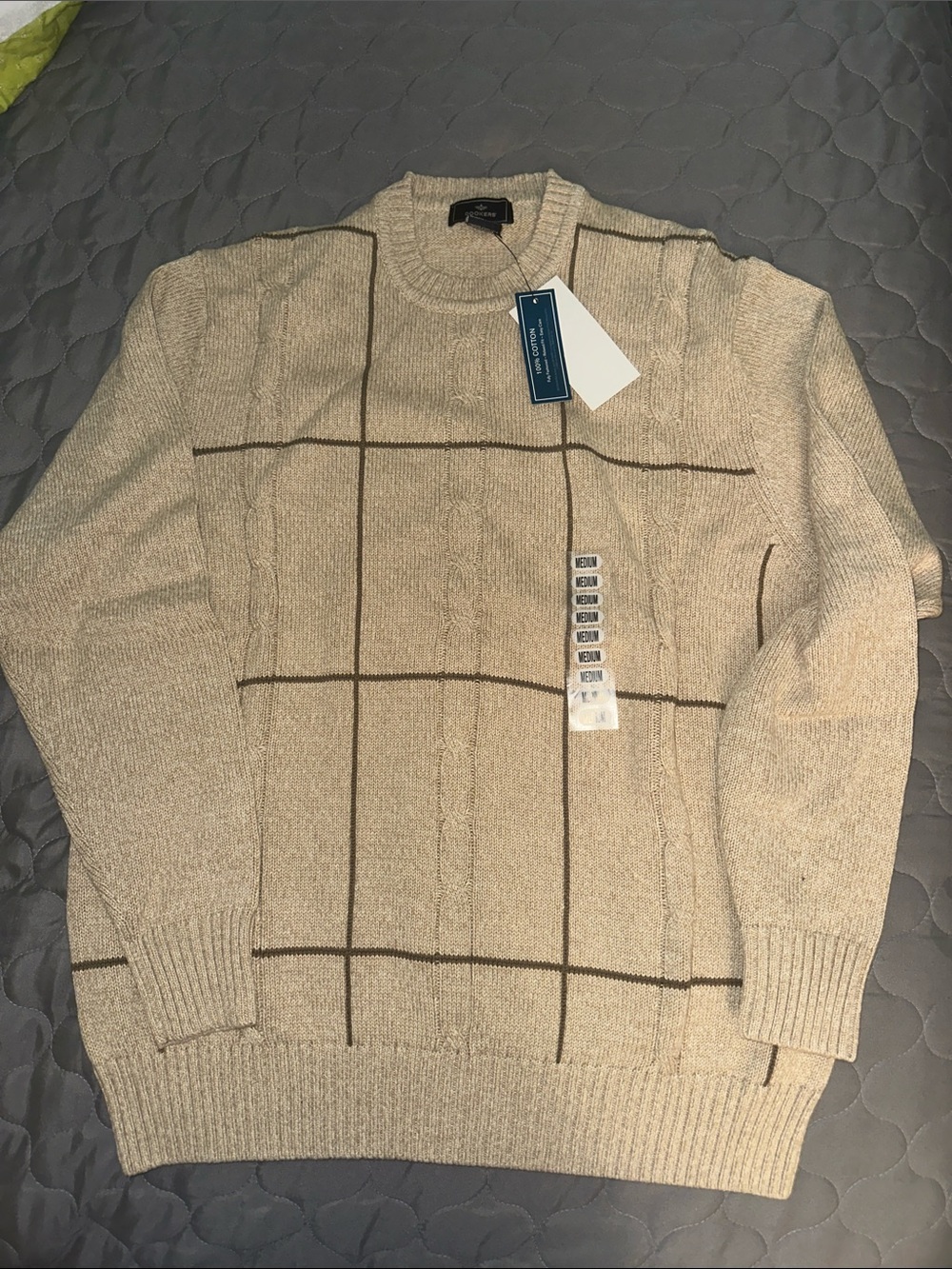 Dockers Men's Beige Crewneck Sweater with Brown Windowpane